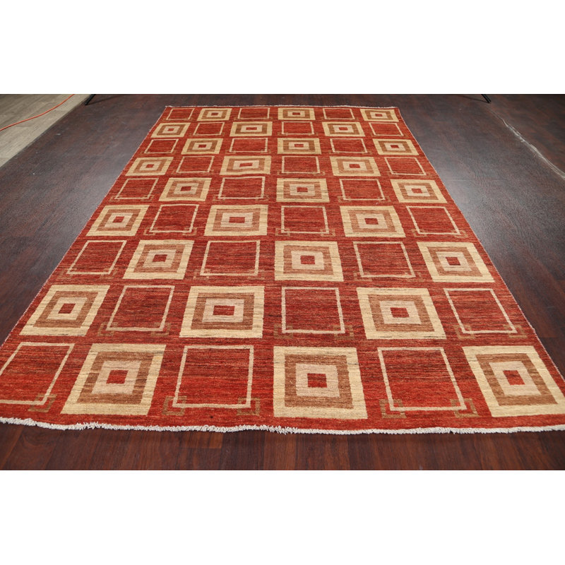 Tapis rouille en laine noué à la main de conception unique 6 pi 6 po x 9 pi 10 po New Age