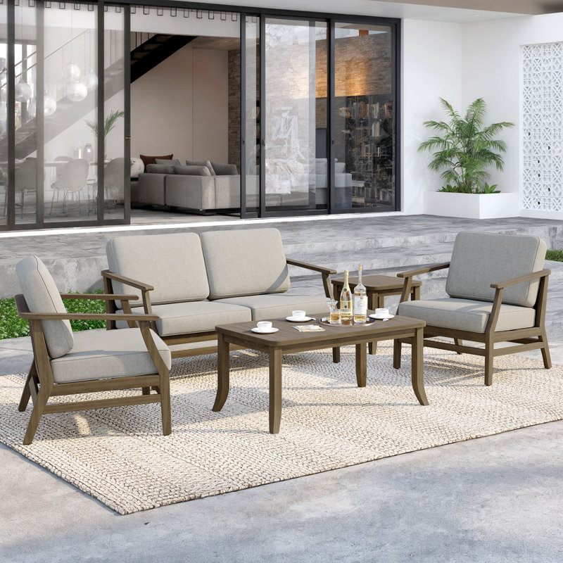 Clinkscales Teak Outdoor Four-person Patio Set with Cushions and Two Tables, Brown, Light Camel