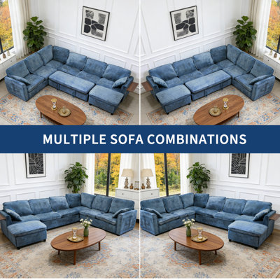 5-Piece Modular Sectional Sofa with Sleeper, Blue Chenille L-Shaped Couch with Ottoman and Storage, Large Living Room Set