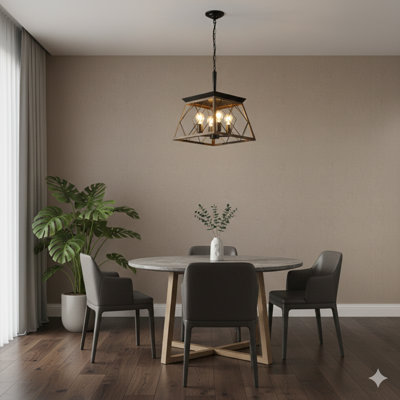 A 16-Inch Walnut-Finished Industrial Four-Light Pendant Chandelier With A Modern Metal Cage Design And Adjustable Hanging Height, Suitable For Dining Rooms, Kitchens, And Living Rooms (Bulbs Are Not Included).