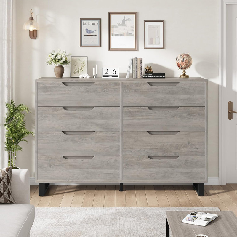 Farmhouse 8-Drawer Wide Dresser – Sturdy Metal Legs – Large Capacity Wooden Storage Cabinet for Bedroom, Living Room, Entryway – Freestanding Organizer – Ash Grey, 8-Drawer Chest Gray