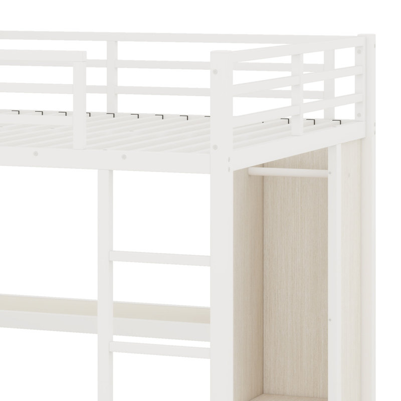 Lit mezzanine en métal avec garde-robe, bureau en L, cubes de rangement et tablettes, Blanc / Blanc