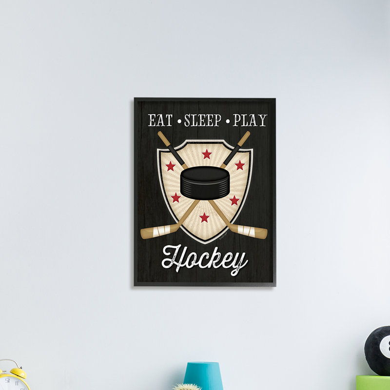 «Eat Sleep Play Hockey Expression Crossed Sticks Puck» par Jennifer Pugh - impression, Giclée encadrée noir minuit