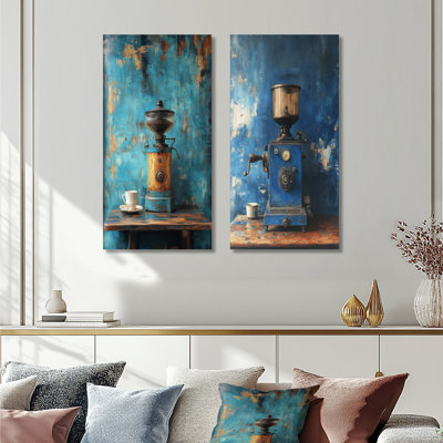Moulin à café bleu rétro orné d'or I - café, 2 pièces de grand art mural en métal