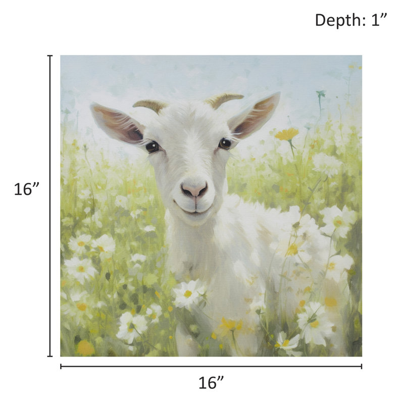 16" Square Multicolor Canvas Wall Art with Goat in Flower Field