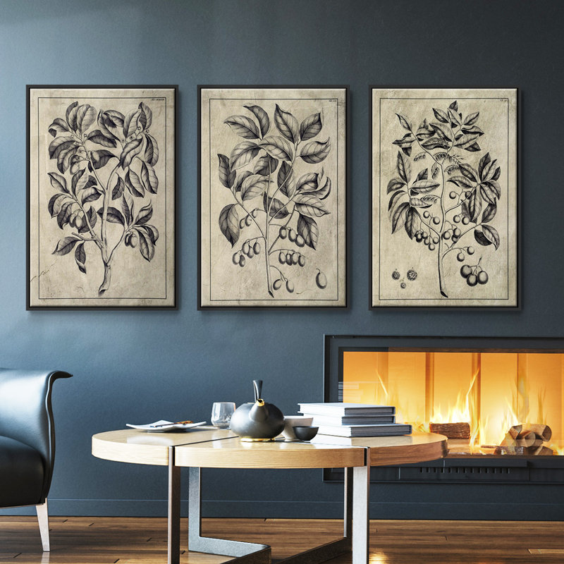 Ensemble de 3 pièces encadrées sur toile embellies Antique Foliage I, H 36 po x l 72 po, Cadre noir