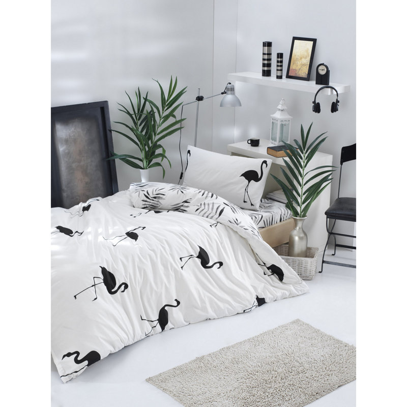 Ensemble de housse de couette 100% coton blanc / noir Betsey, Housse de couette simple + 1 taie d'oreiller 24 po