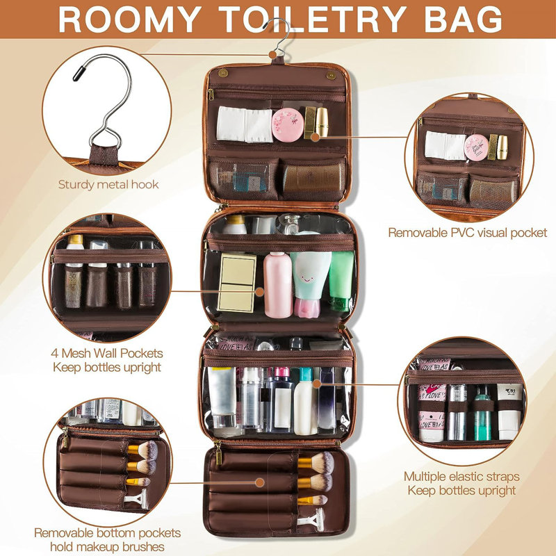 Grande trousse de toilette en cuir imperméable 3-en-1 de voyage Essentials