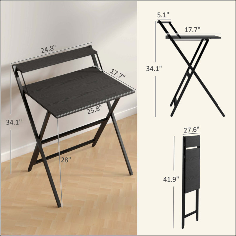 Small Folding Desk, 27.6 Inch Foldable Computer Desk with Monitor Shelf, Space Saving Portable Writing Table for Small Spaces, Home Office, Study, Easy Assembly, Black