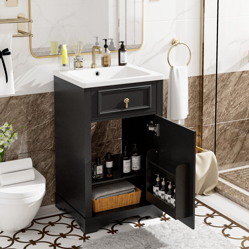 Meuble-lavabo de 20 po avec lavabo en céramique, porte à fermeture douce, tablette réglable et support de rangement fixé à la porte - idéal pour les petites salles de bain