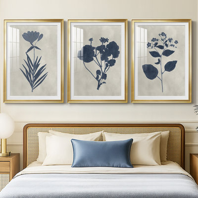 Navy Pressed Flowers I  -Custom Framed  Premium Print W Matt - 3 Pieces