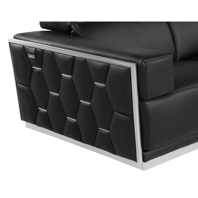 Sylvian Top Grain Genuine Italian Leather Sofa, Black, Chrome