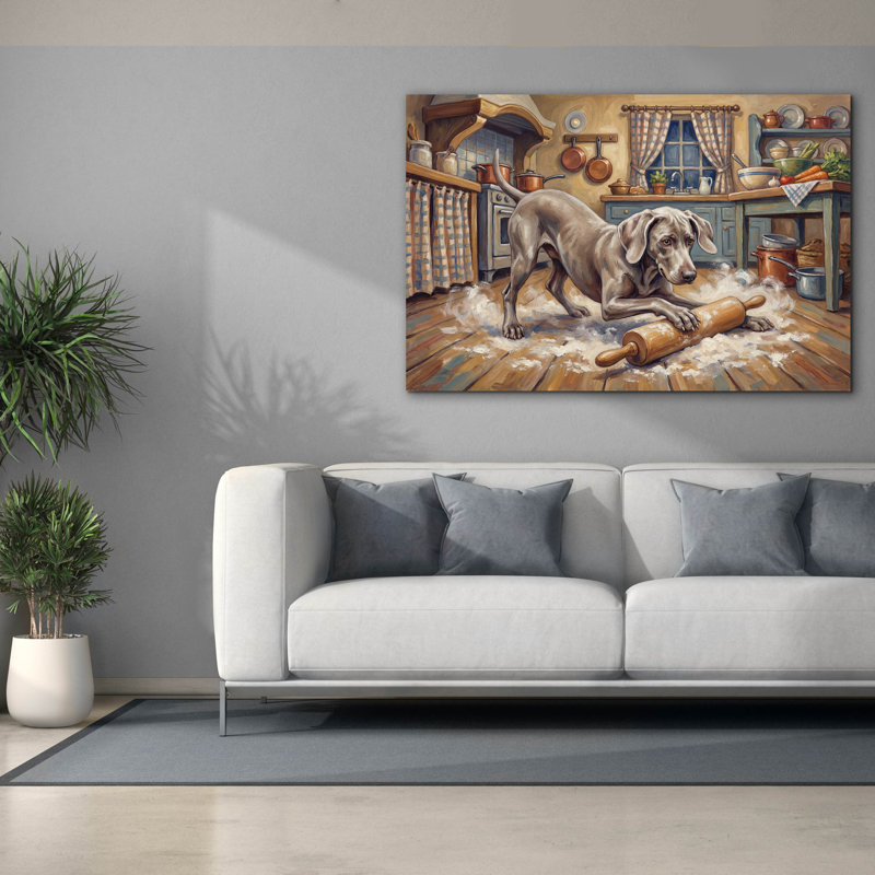  «Weimaraner In The Kitchen» par Rich Monet, art mural sur toile, 60 po x 40 po, H 40 po x l 60 po