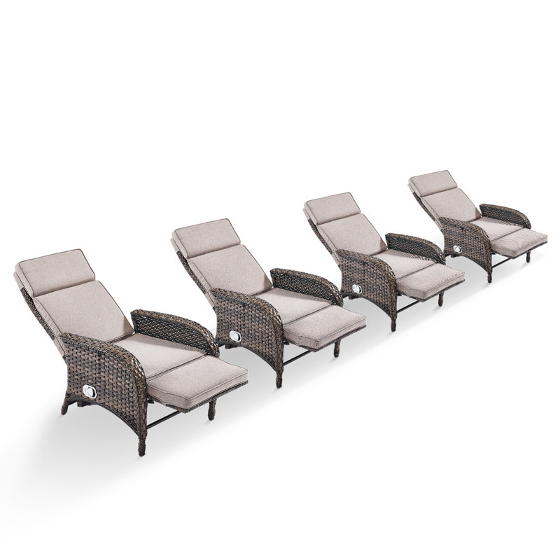 Gaetanino 60" Outdoor Wicker Poolside Reclining Single Chaise Lounge With Cushion (Set Of 4), Beige