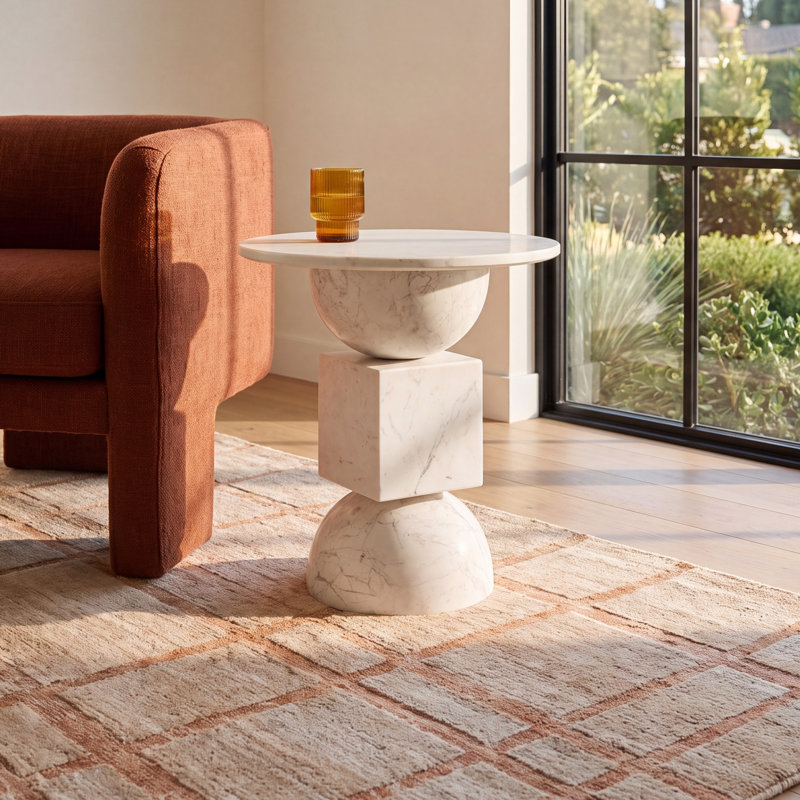 Zed Genuine Marble Pedestal End Table, Polished White