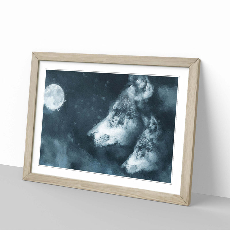 Wolves in the Moonlight - Picture Frame Painting Print, 48cm H x 65cm W x 2cm D, Oak Framed
