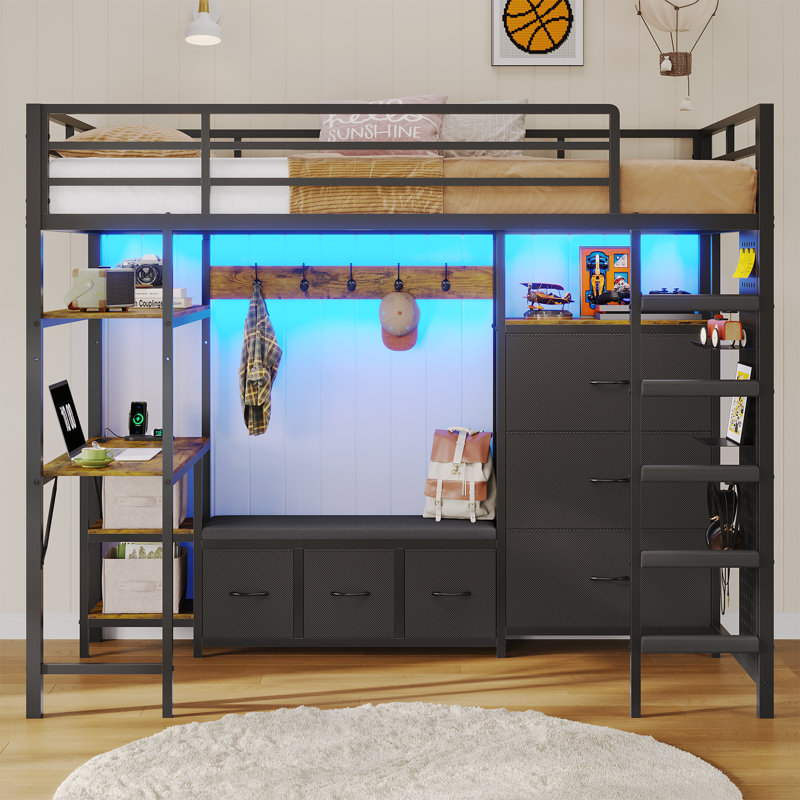 Twin Size Loft Bed With 6 Storage Drawers,coat Rack And Open Shelves,twin Loft Bed With Desk,charging Station And Led Lights,metal Loft Beds With Large Pegboard,safety Guardrail And Ladder,black