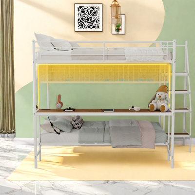 Multifunctional Beds Metal Loft Bunk with Desk LED, Modern Home