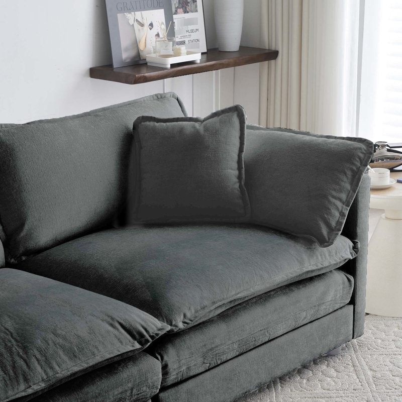 3 en style Mid-Century moderne, chenille grise, structure en bois massif, rembourrage en éponge, confort pour le salon, coussins d'accoudoirs, supérieur