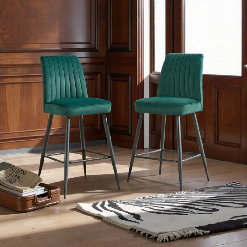 Tabourets de bar modernes réglables en velours vert avec pieds en fer (ensemble de 2) - parfaits pour la cuisine, le bar ou la salle à manger