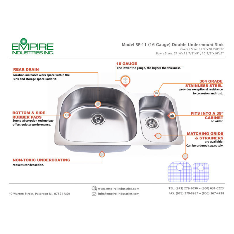 35.25" L x 20.88" W D-Shape Double Undermount Kitchen Sink