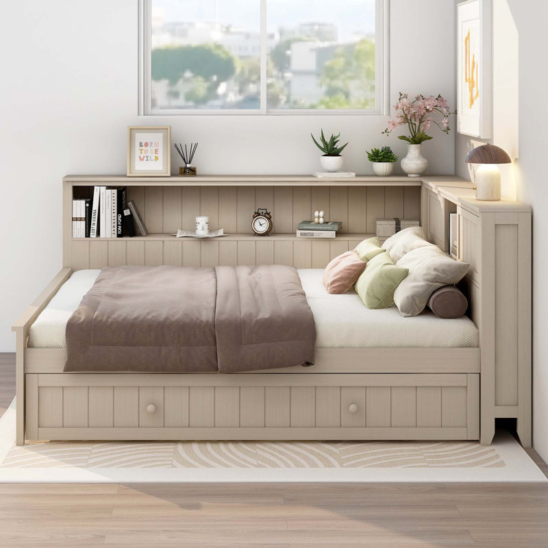 Lit de jour double en bois avec tablettes de rangement et lit gigogne
