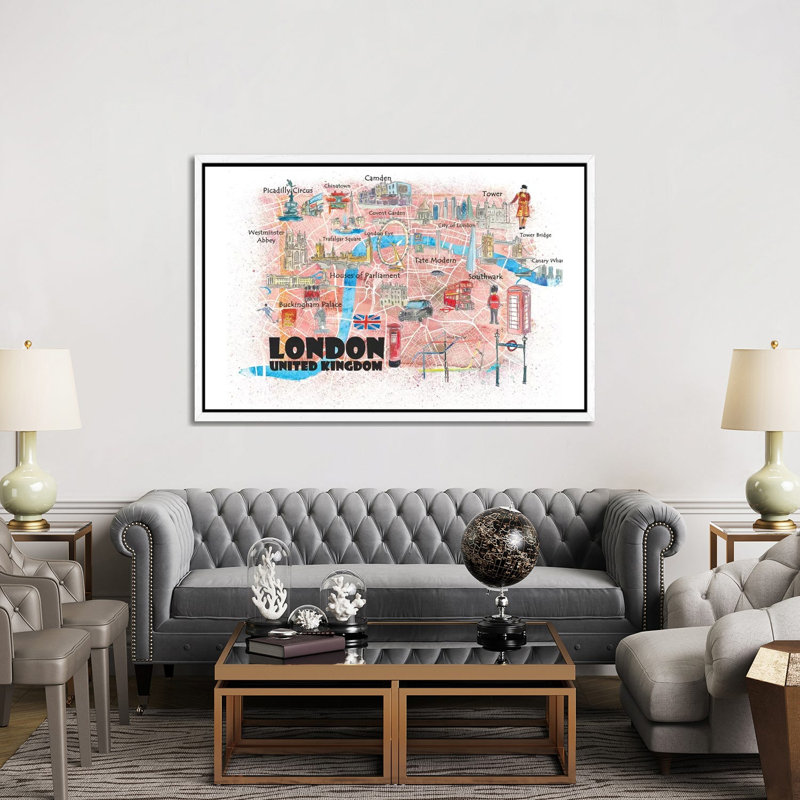 London UK Illustrated Map by Markus & Martina Bleichner - Painting on Canvas, 101.6cm H x 152.4cm W x 3.81cm D