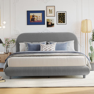 Upholstered Platform Bed with Thick Fabric, Solid Frame and Stylish Curve-shaped Design