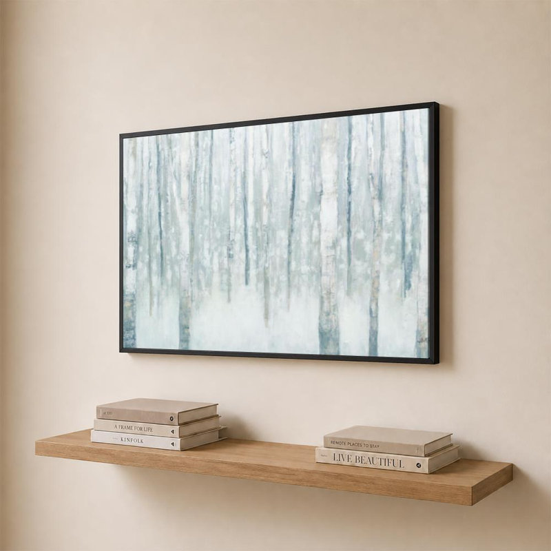 «Birches in Winter Blue Gray» par Julia Purinton - impression sur toile, 24" H x 36" W, Cadre plat flottant, Noir