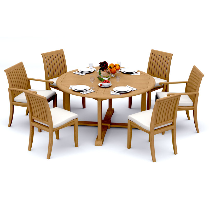 7 Pcs Grade-A Teak Wood Dining Set: 60" Round Table  Lagos Chairs (2 Arm & 4 Armless Chairs) #11LG1202, 6