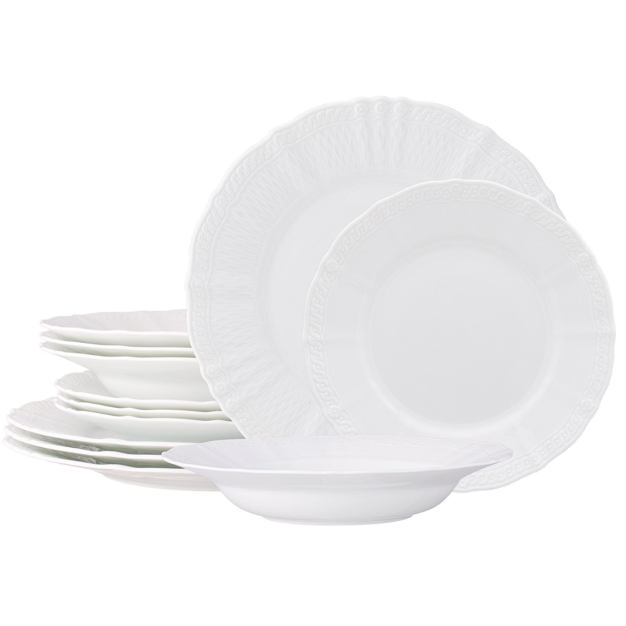12 Pack Glossy White Swirl Rim Round Plastic Dinner Plates, Disposable  Party Plates 10