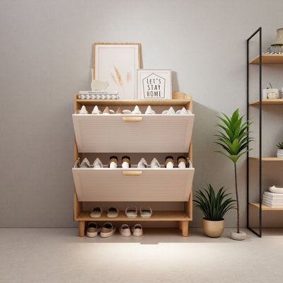 31.5 Inch Nordic Style Shoe Storage Cabinet With 2 Flip Drawers, Freestanding Organizer With Solid Wood Legs For Entryway