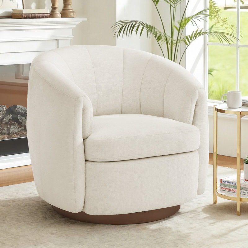 34"Wide Upholstered Swivel Barrel Chair, Beige Chenille