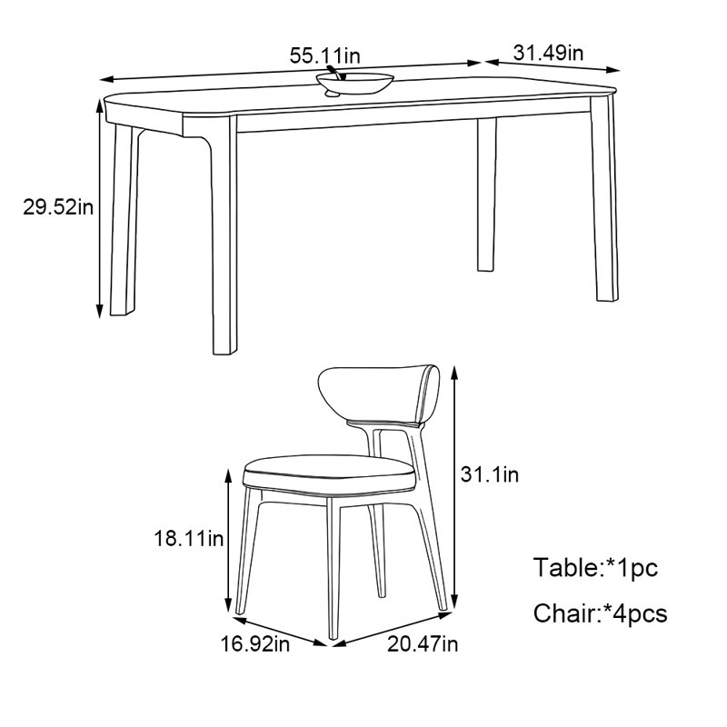 Ensemble de table de salle à manger rectangulaire en bois de frêne massif, H 29,52 po x L 55,11 po x l 31,49 po