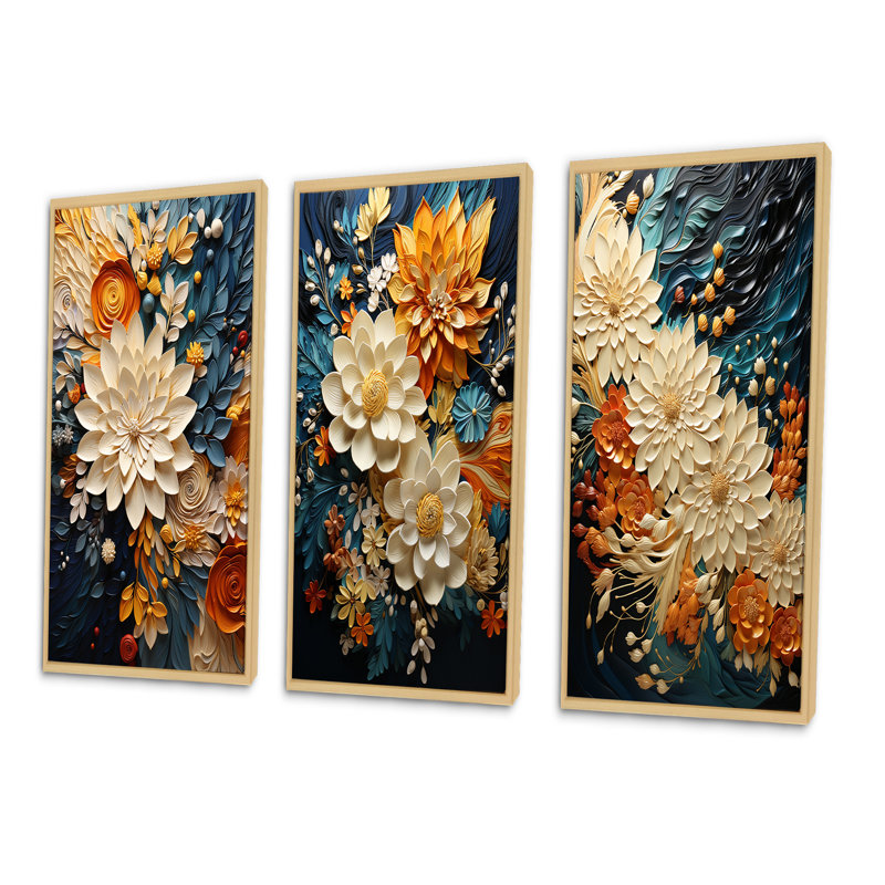 Tourbillon botanique orange sarcelle IV - art mural abstrait botanique 3 pièces, Reproduction avec cadre flottant, Naturel