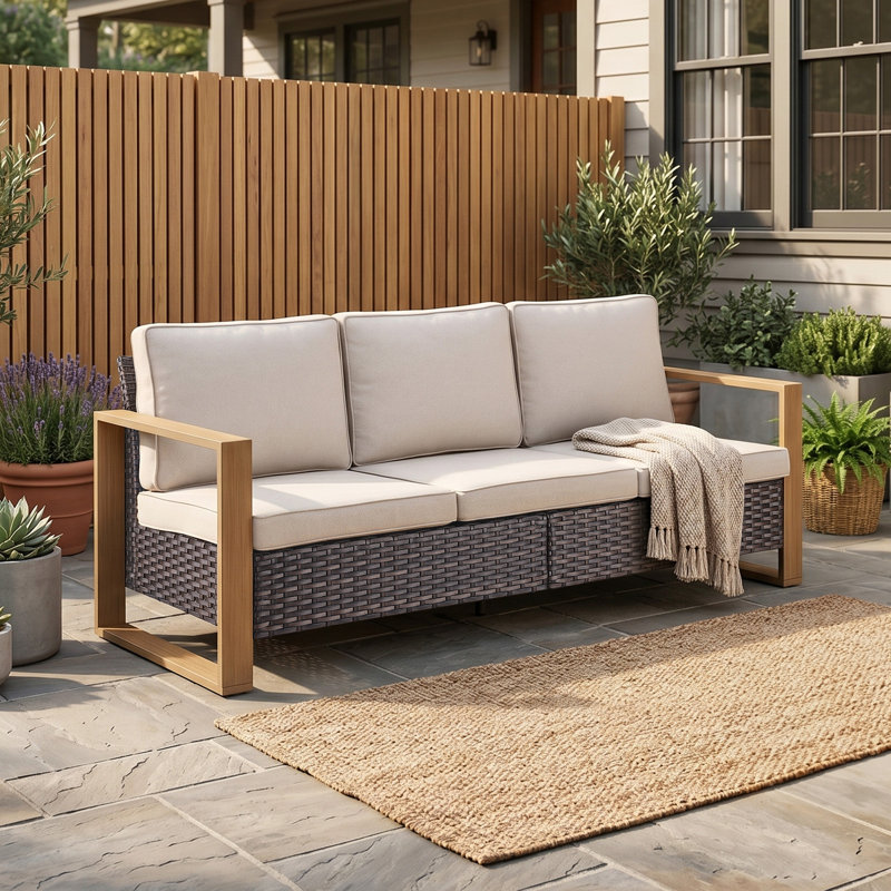 Allcot Patio Outdoor PE Wicker Sofa With Cushions, Beige, Brun
