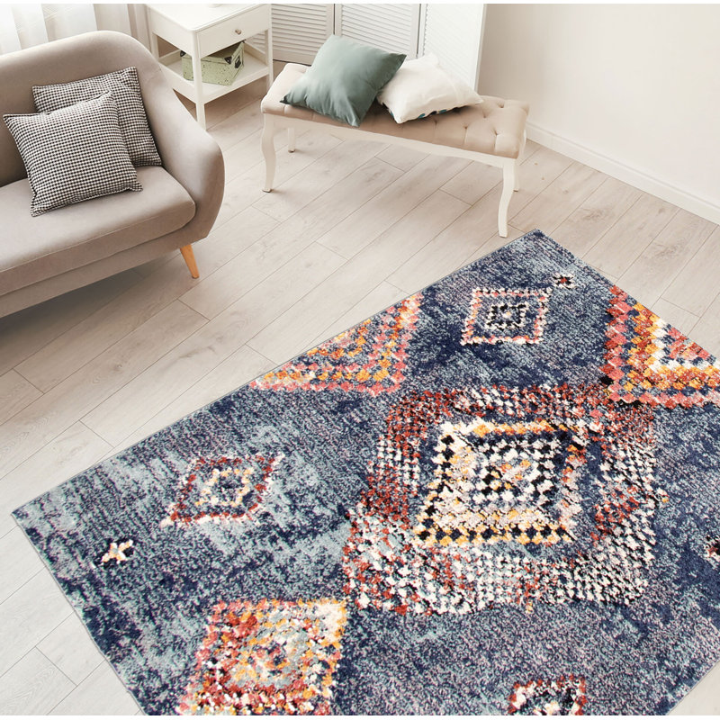 Tapis bleu / rouge / orange Stigall Mosaique, Rectangle 5 pi 3 po x 7 pi 3 po
