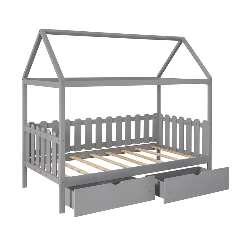 Lit simple avec tiroirs, barrière de sécurité en forme de clôture, Gris