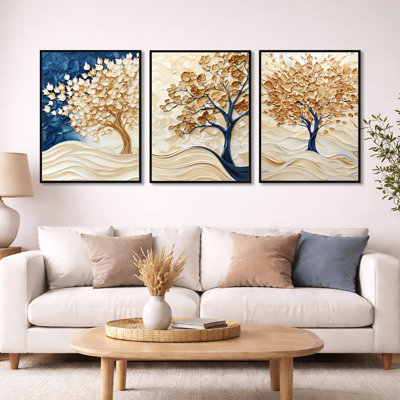 «Gold Winter Maple Tree Essence», art mural encadré 3 pièces