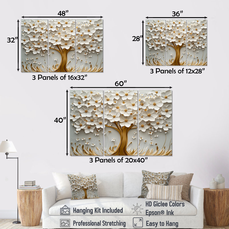 «White Basswood Blossoms Tree I», ensemble de reproductions d'art mural cerisier en fleurs, Toile tendue