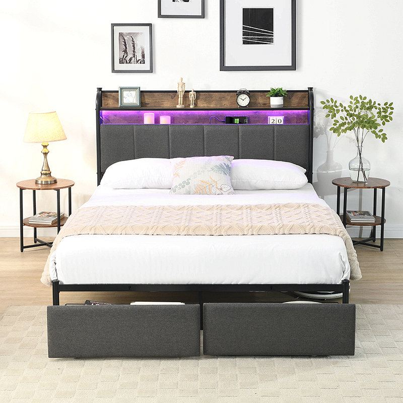 Bed Frame, Storage Headboard With Charging Station, Solid And Stable, Noise Free, No Box Spring Needed, Easy Assembly, Queen