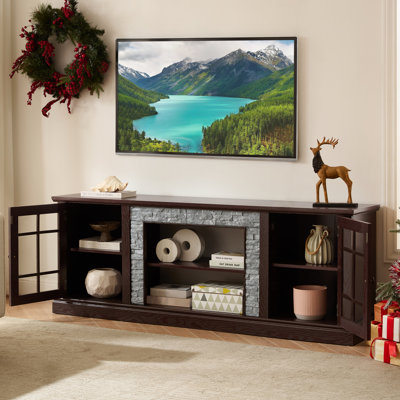 70" Modern Cherry Entertainment Center, Faux Stone Tv Stand, 2-Door Storage, 75'' Fit, 6 Cable Cutouts