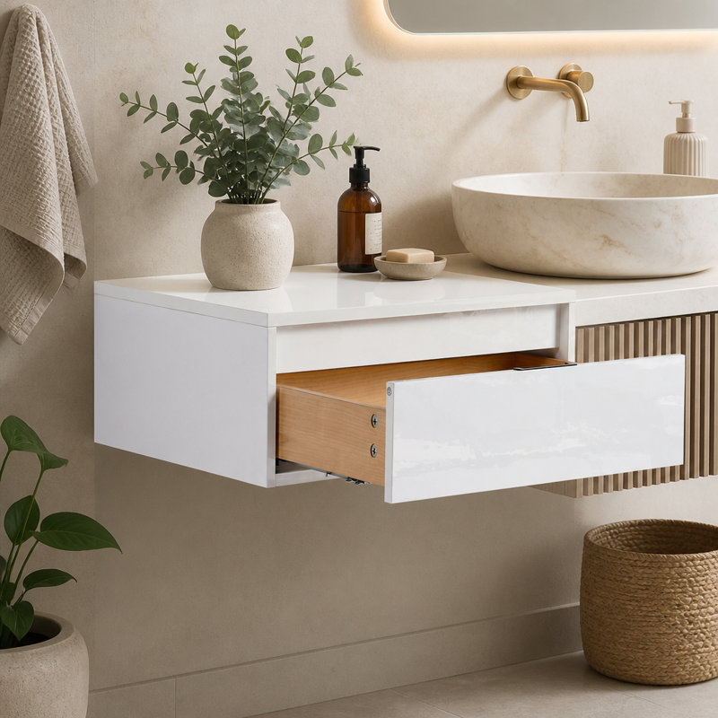 24" Bathroom Cabinet,Soft Close Drawer,Float Mounting Design, Glossy White, KD-Packing,(Only Vanity)