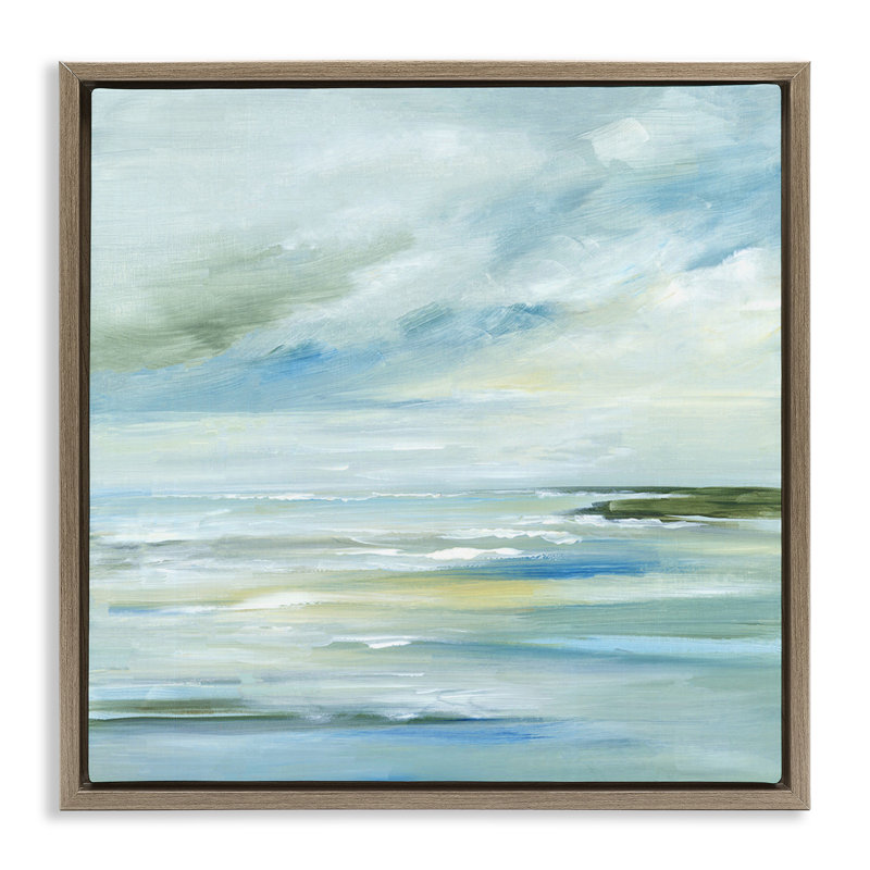 «Cloudy Blue Beach Impression» par Lera, H 18 po x l 18 po, Cadre flottant orme Montalcino