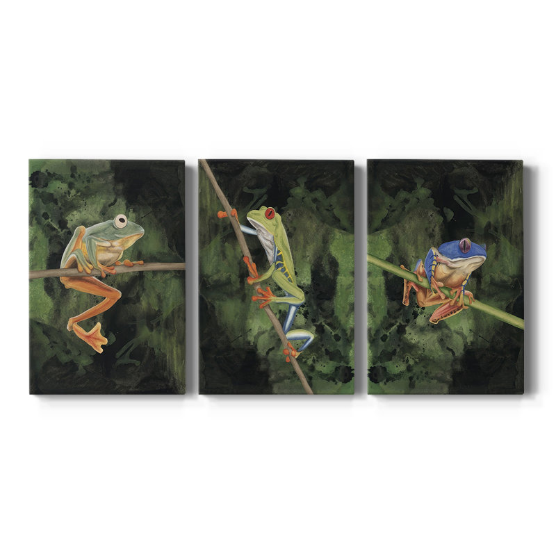 Watercolor Tree Frogs I - Toile tendue avec châssis sur mesure - 3 pièces, H 60 po x l 120 po