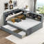 Lit plateforme double en bois gris avec lit gigogne, tête de lit tapissier et rangement - Laden