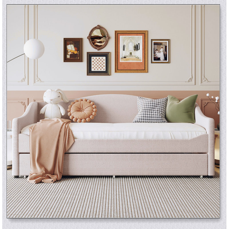 Upholstered Daybed With Light And Trundle, Beige, Twin