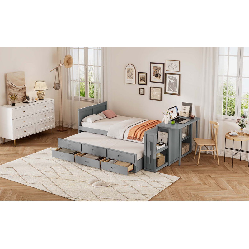 Lit plateforme simple en bois multifonctionnel avec bureau et tablette de rangement au bout du lit, lit gigogne intégré et 3 tiroirs