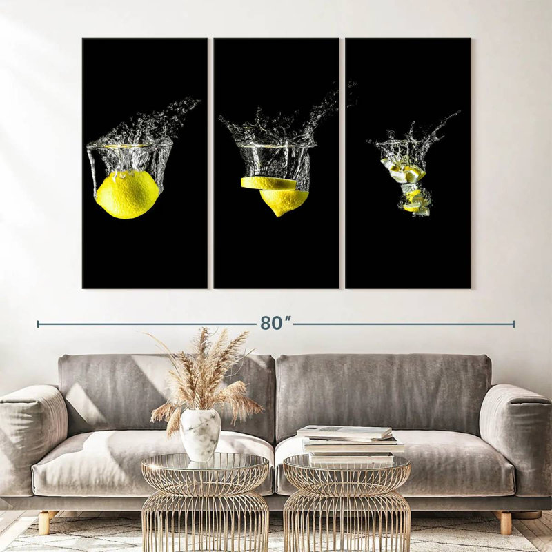 " Lemon Splashes " by SodaPopArt 3 - Pieces, 65" H x 42" W x 1.25" D