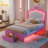 Twin Size Upholstered Bed Frame With LED Lights, Modern Upholstered Princess Bed With Crown Headboard,White-901474394-1002576235-876124431